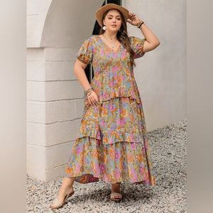 Plus Size Printed V-Neck Long Sleeve Mini Dress main image 0